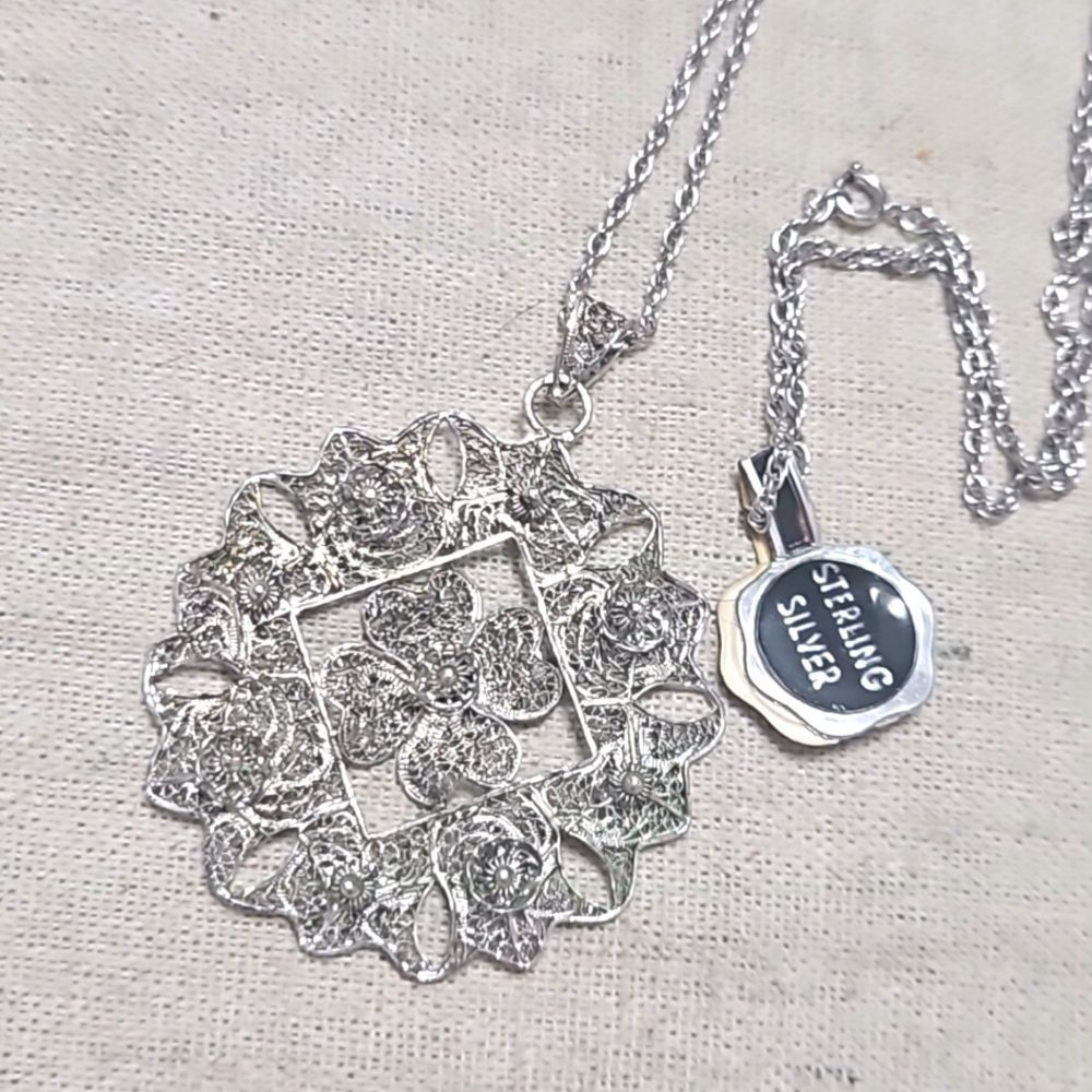 Vintage Sterling Silver 925 Art Deco Russian Flower Pendant Necklace NEW NOS